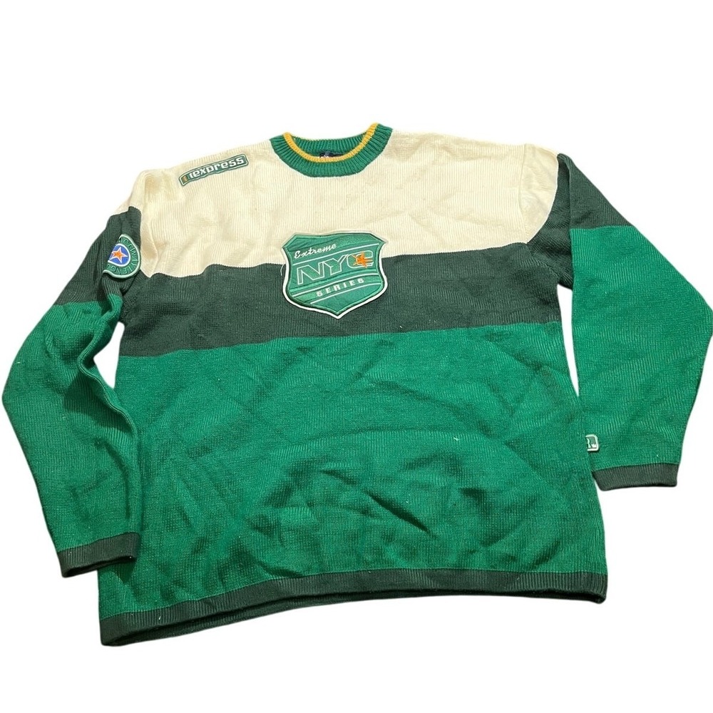 Big Land Extreme NYC Series Sweater Mens 2XL Green White Colorblock Vintage 90s